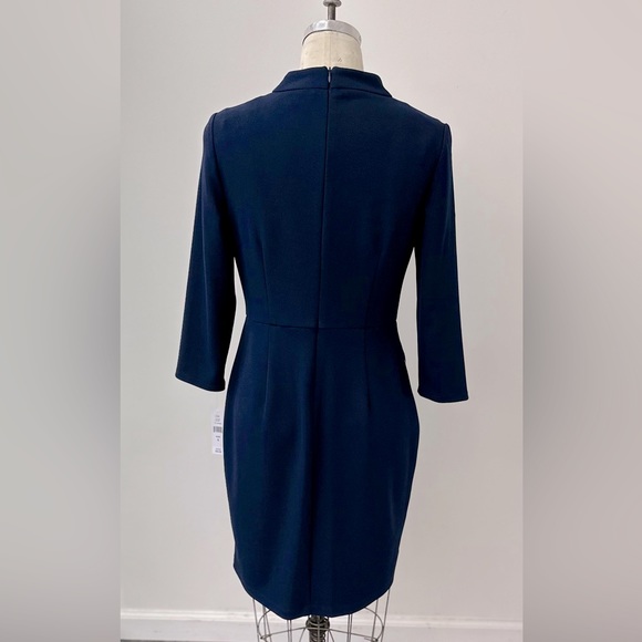 NWT Glamour Navy Tipped Scuba Crepe Ruffle Neck Sheath - Picture 4 of 7